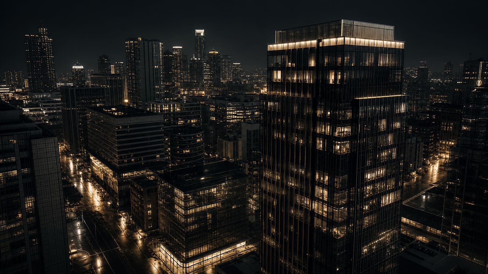Aerial night view of a modern financial district