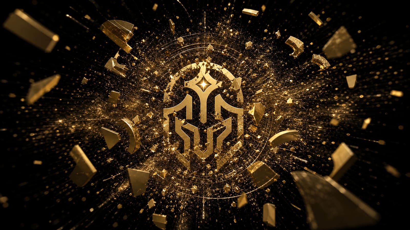 The Guardian helmet detonating into suspended gold fragments
