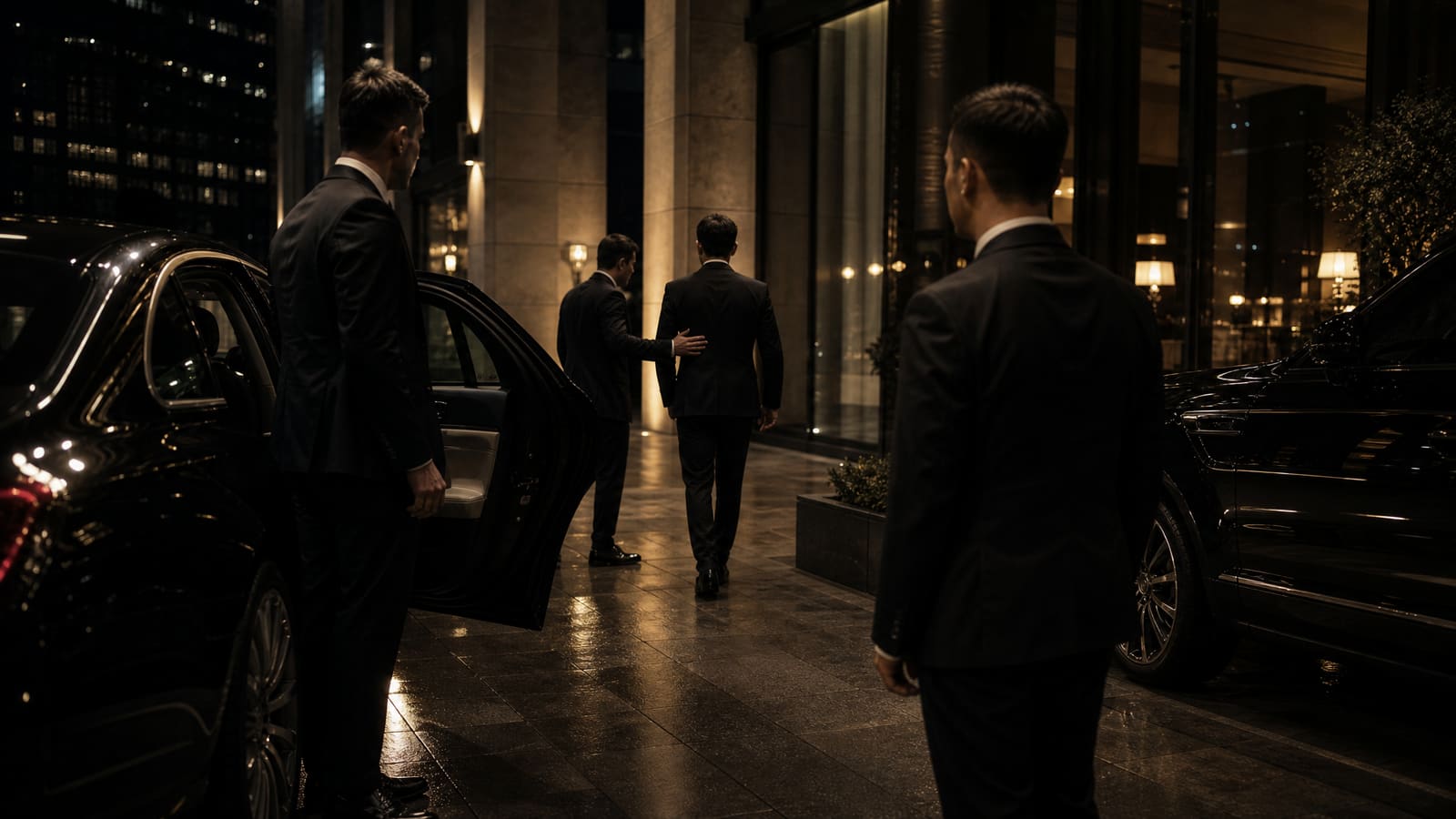 Executive protection team at a luxury entrance at night